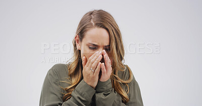 Buy stock photo Cough, sick and woman in studio, disease and sneeze  with flu season on white background. Person, mockup and pain with tuberculosis, cover mouth and concern with sinus problem, medical and influenza