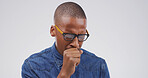 Cough, sick and black man in studio, illness and asthma attack on white background. African person, mockup and disease with tuberculosis, cold and fever with sinus problem, influenza and covid