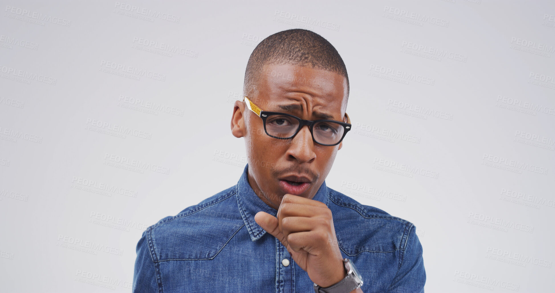Buy stock photo Cough, sick and portrait of black man in studio with chest infection, respiratory disease and illness. Mockup space, health and person with pneumonia, flu and asthma symptoms on white background 