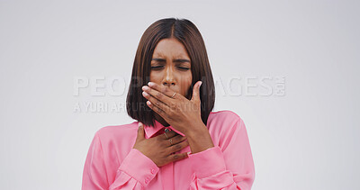 Buy stock photo Woman, cough and chest pain in studio, allergy and respiratory disease on background. Person, asthma and cover mouth with sore throat, tuberculosis and bacteria infection with mockup space for flu
