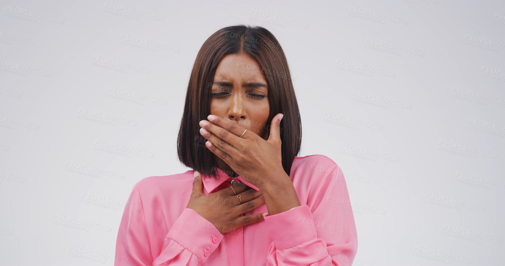 Buy stock photo Woman, cough and chest pain in studio, allergy and respiratory disease on background. Person, asthma and cover mouth with sore throat, tuberculosis and bacteria infection with mockup space for flu