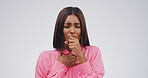 Girl, coughing and sick in studio with health, lung infection or bacteria from medical condition. Tuberculosis, woman with allergic reaction or respiratory illness with disease on white background