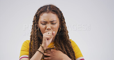 Buy stock photo Girl, cough and chest pain in studio, allergy and stress for respiratory disease on background. Woman, asthma and cover mouth with sore throat, tuberculosis and bacteria infection with mockup space