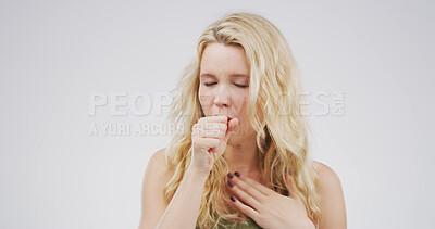 Buy stock photo Woman, coughing and sick in studio with health, lung infection or bacteria from medical condition. Tuberculosis, cold or flu with allergic reaction, respiratory illness or disease on white background