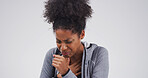 Cough, sick and black woman in studio with chest infection, respiratory disease and illness. Mockup space, healthcare and isolated person with pneumonia, flu and asthma symptoms on white background 