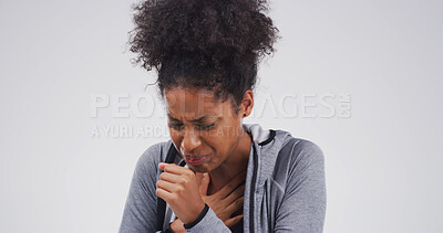 Buy stock photo Cough, sick and black woman in studio with chest infection, respiratory disease and illness. Mockup space, sore throat and isolated person with pneumonia, flu and asthma symptoms on white background 