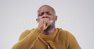 Buy stock photo Cough, hands and black man in studio with chest infection, respiratory disease and illness. Mockup space, health crisis and isolated person with pneumonia, flu or asthma symptoms on white background 