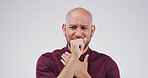 Man, coughing in studio and sick with health problem, lung disease or tuberculosis. Hands, pneumonia or respiratory virus with person in portrait and allergic reaction by space on white background