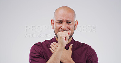 Buy stock photo Man, coughing in studio and sick with health problem, lung disease or tuberculosis. Hands, pneumonia or respiratory virus with person in portrait and allergic reaction by space on white background
