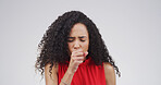 African woman, cough in studio and sick with health problem, lung disease or tuberculosis. Hand, pneumonia or respiratory virus with female person and allergic reaction by space on white background