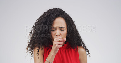 Buy stock photo African woman, cough in studio and sick with health problem, lung disease or tuberculosis. Hand, pneumonia or respiratory virus with female person and allergic reaction by space on white background