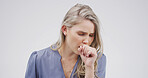 Cough, fever and woman in studio, chest pain and asthma attack on white background. Person, mockup or model with virus, cold or disease with sore throat, allergy or tuberculosis with lungs or illness