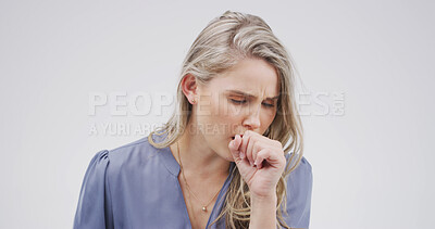 Buy stock photo Cough, virus and woman in studio, sick and asthma attack on white background. Flu, mockup or person with cold, cover mouth or disease with sore throat, allergy or tuberculosis with lungs or illness