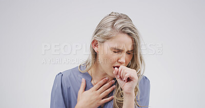 Buy stock photo Cough, sick and woman in studio, chest pain and asthma attack on white background. Person, mockup and model with virus, cold and fever with sore throat, allergy and tuberculosis with lungs and covid