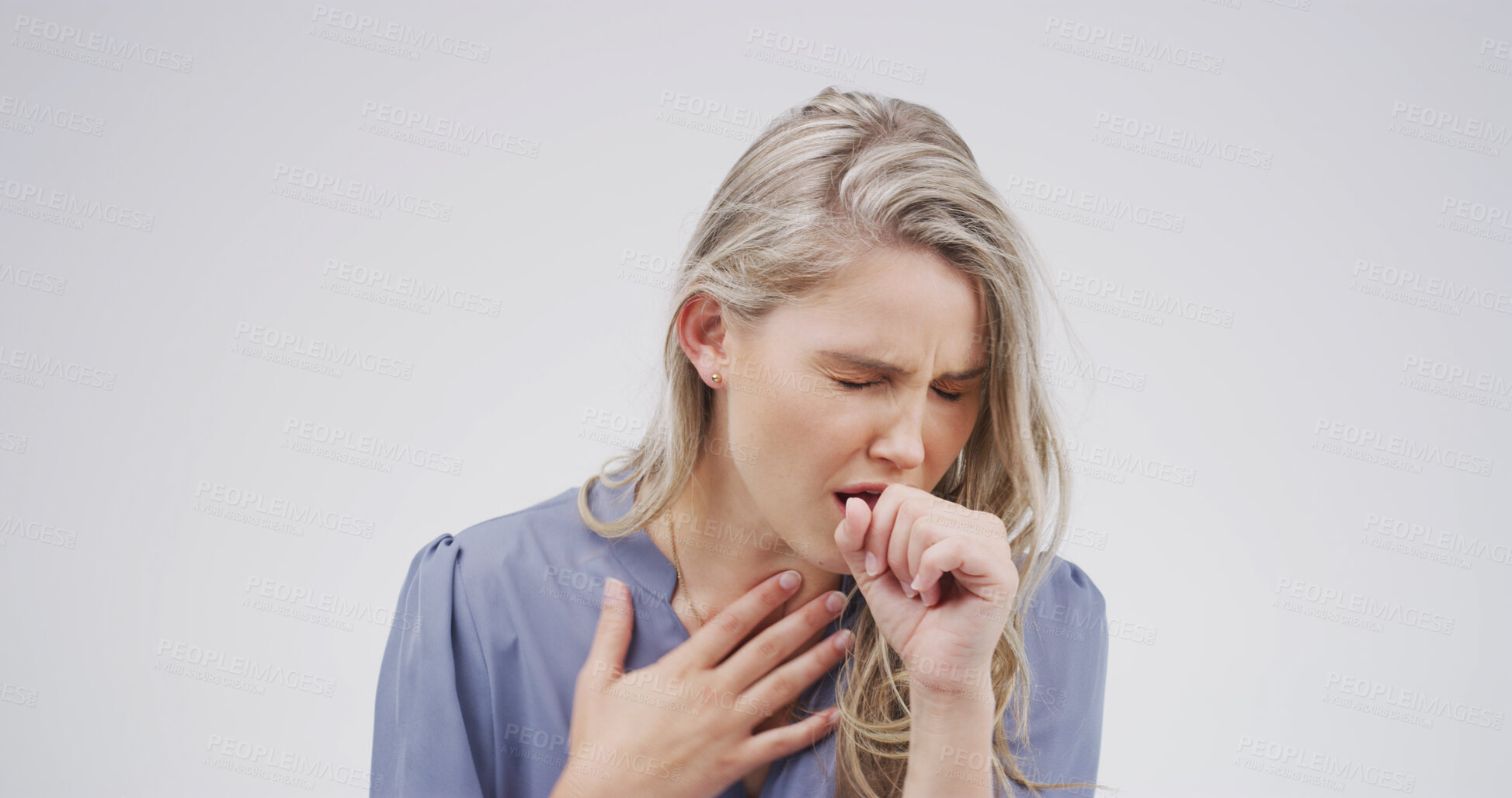 Buy stock photo Cough, sick and woman in studio, chest pain and asthma attack on white background. Person, mockup and model with virus, cold and fever with sore throat, allergy and tuberculosis with lungs and covid