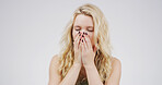 Cough, sick and woman in studio, disease and asthma attack on white background. Person, covid and model with virus, cold or fever with sore throat, allergy and tuberculosis with illness or chest pain