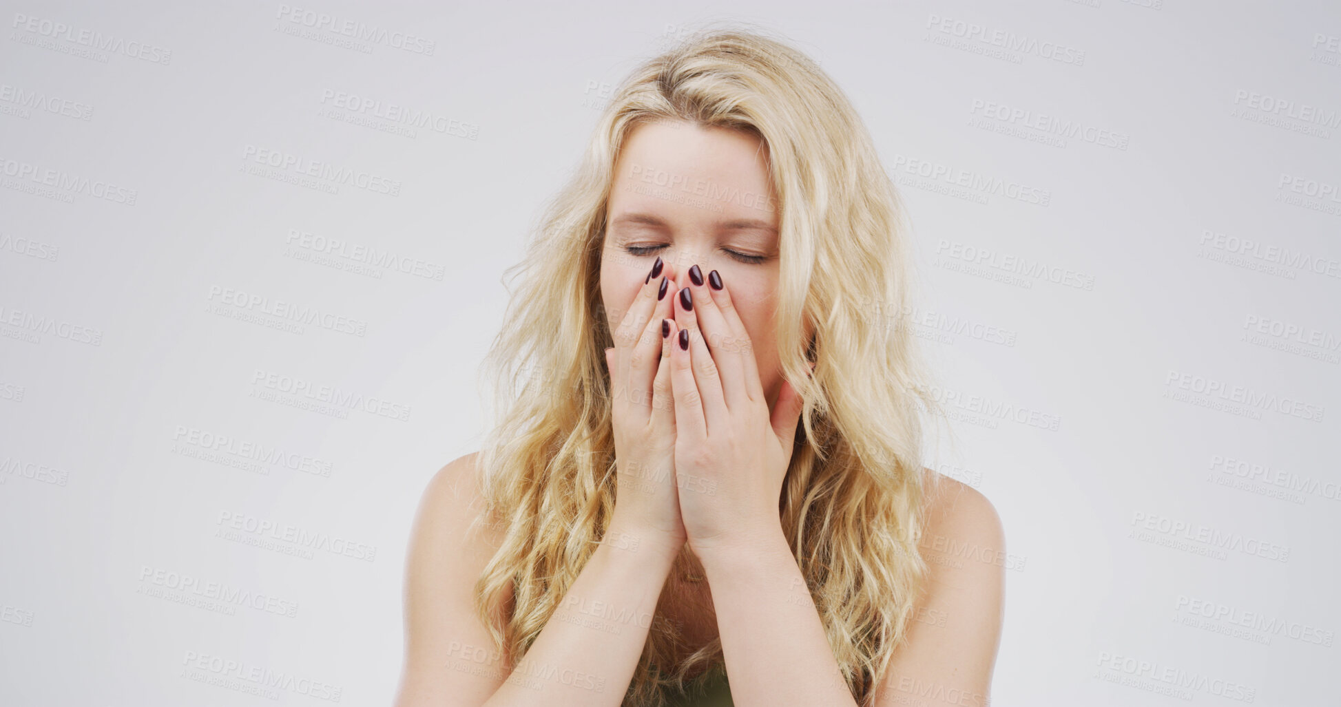 Buy stock photo Cough, sick and woman in studio, disease and asthma attack on white background. Person, sneeze and model with virus, cold and fever with allergy, flu season and tuberculosis with illness or influenza