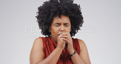 Buy stock photo African woman, cough and sick in studio, allergy and respiratory disease on background. Person, asthma and cover mouth with sore throat, tuberculosis and bacteria infection with mockup space for flu
