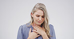 Health, ill and woman with sore throat in studio from swollen tonsils, discomfort and infection. Mockup space, person and flu symptoms on white background with swallow difficulty or neck inflammation