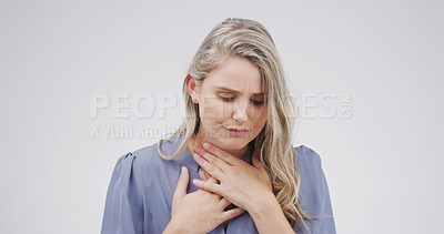 Buy stock photo Health, ill and woman with sore throat in studio from swollen tonsils, discomfort and infection. Mockup space, person and flu symptoms on white background with swallow difficulty or neck inflammation