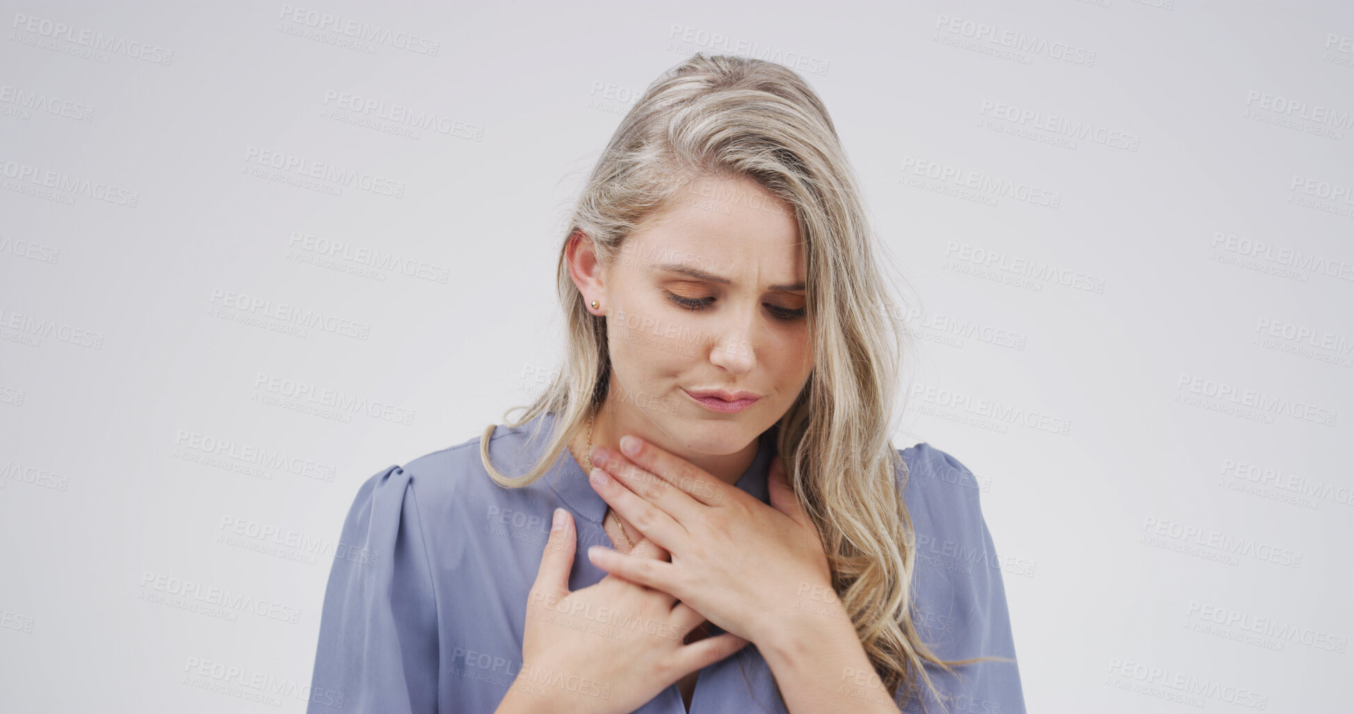 Buy stock photo Health, ill and woman with sore throat in studio from swollen tonsils, discomfort and infection. Mockup space, person and flu symptoms on white background with swallow difficulty or neck inflammation