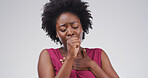 Cough, hands and black woman in studio with chest infection, respiratory disease and illness. Mockup space, health and isolated person with pneumonia, flu and asthma symptoms on white background 