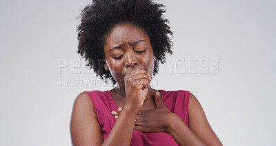 Buy stock photo Cough, hands and black woman in studio with chest infection, respiratory disease and illness. Mockup space, health and isolated person with pneumonia, flu and asthma symptoms on white background 