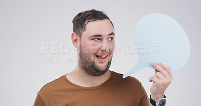 Buy stock photo Man, speech bubble and idea mockup for communication, marketing or chat in studio. Approval, thinking and person with space for opinion isolated on white background for promotion, feedback or quote