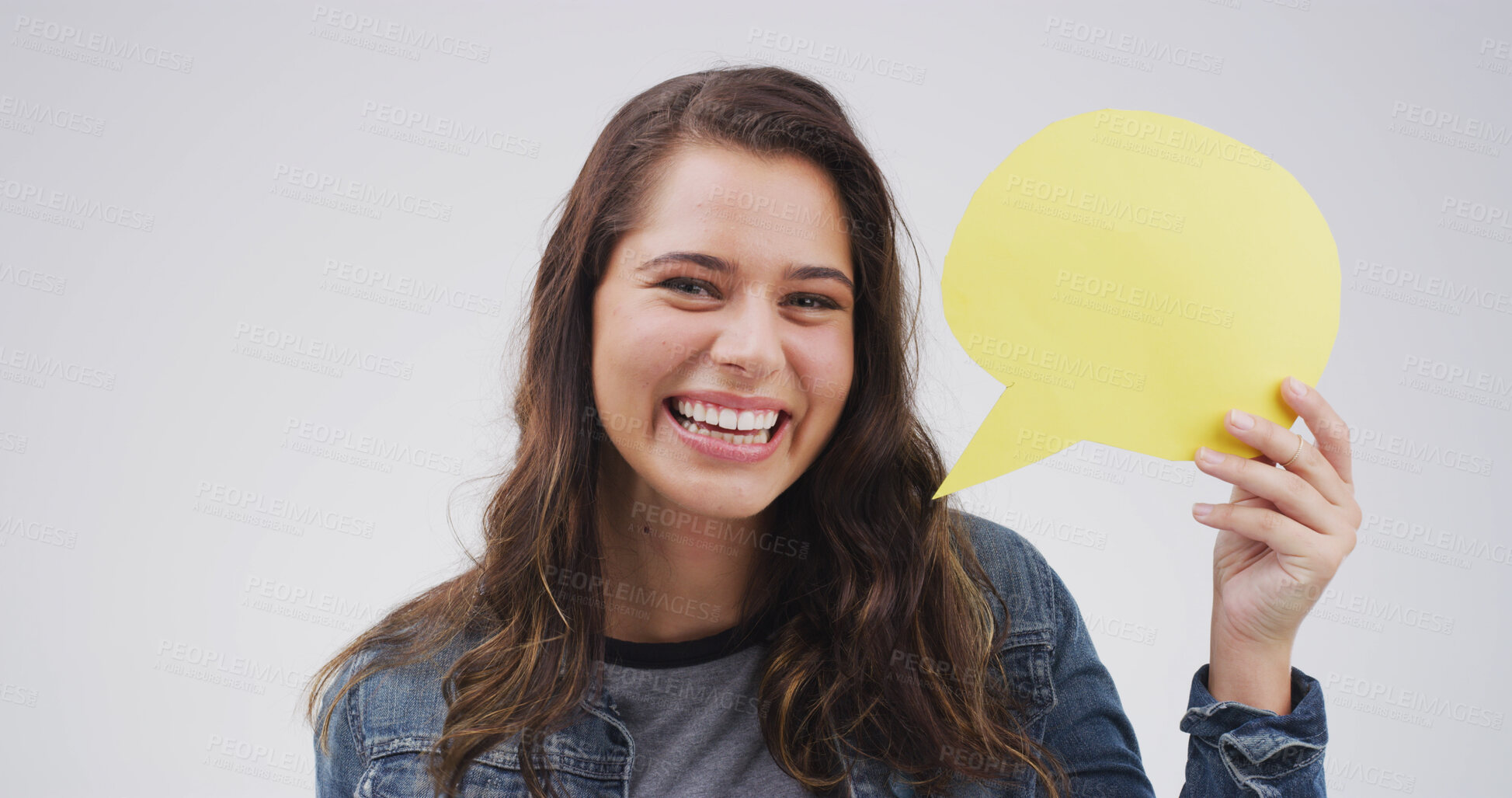 Buy stock photo Portrait, woman and sign with speech bubble in studio for announcement, news and signage. Mockup space, person and icon of advertising poster, show information and billboard forum in white background