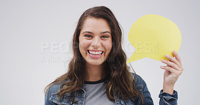 Buy stock photo Smile, woman and portrait for speech bubble in studio for announcement, news and signage. Mockup space, person and icon of advertising poster, show information and billboard forum in white background