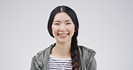 Studio, portrait and woman with smile, employee or positive attitude for graphic design or creative. Happy, web designer and person with pride for career development, white background and China