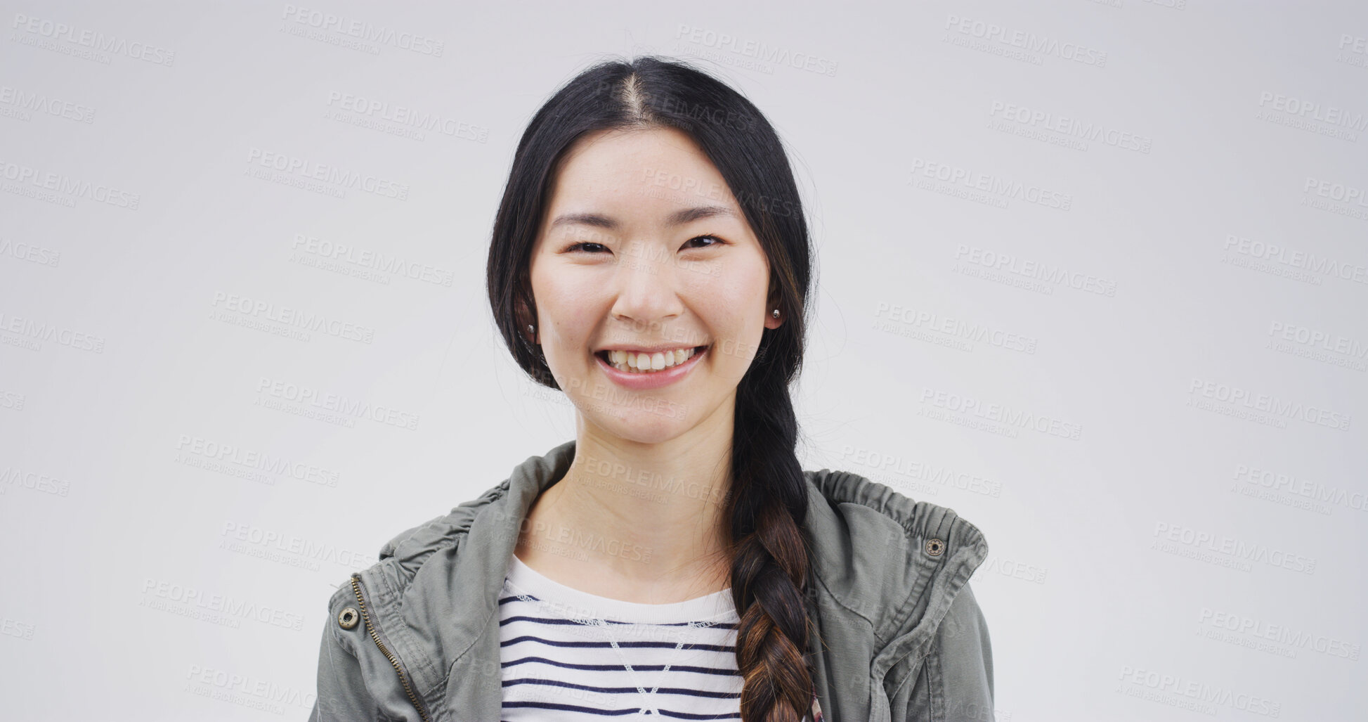 Buy stock photo Portrait, creative and woman with smile, studio or ambition for opportunity, education and learning. Happy, student and person with pride for scholarship, white background or journalism in university