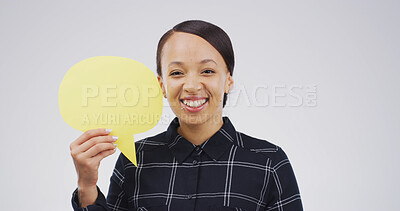 Buy stock photo Happy, woman and portrait for speech bubble in studio for announcement, news and signage. Mockup space, person and icon of advertising poster, show information and billboard forum in white background