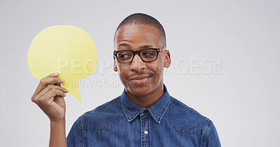 Buy stock photo Black man, speech bubble and thinking mockup for communication, marketing or chat in studio. Approval, idea and person with space for opinion on white background for promotion, feedback or quote