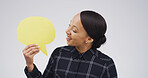 Happy, woman and talking with speech bubble in studio for announcement, news and signage. Mockup space, person and sign for advertising brand, show information and billboard forum in white background