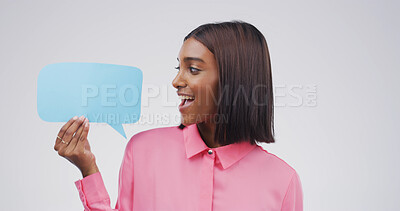 Buy stock photo Excited, speech bubble or woman in studio, feedback or  information sign on white background. Decision, person or social media with poster, surprise and opinion with voice review and announcement