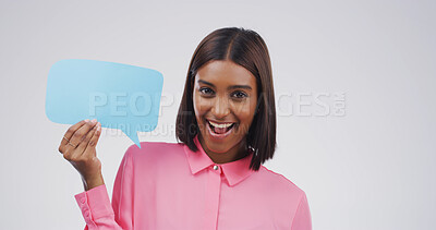 Buy stock photo Excited, portrait and speech bubble with woman in studio for communication, opinion or voice. Message, mockup space and social media with Indian person isolated on white background for feedback