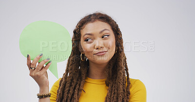 Buy stock photo Black woman, speech bubble and thinking mockup for communication, marketing or chat in studio. Approval, idea and person with space for opinion on white background for promotion, feedback or quote