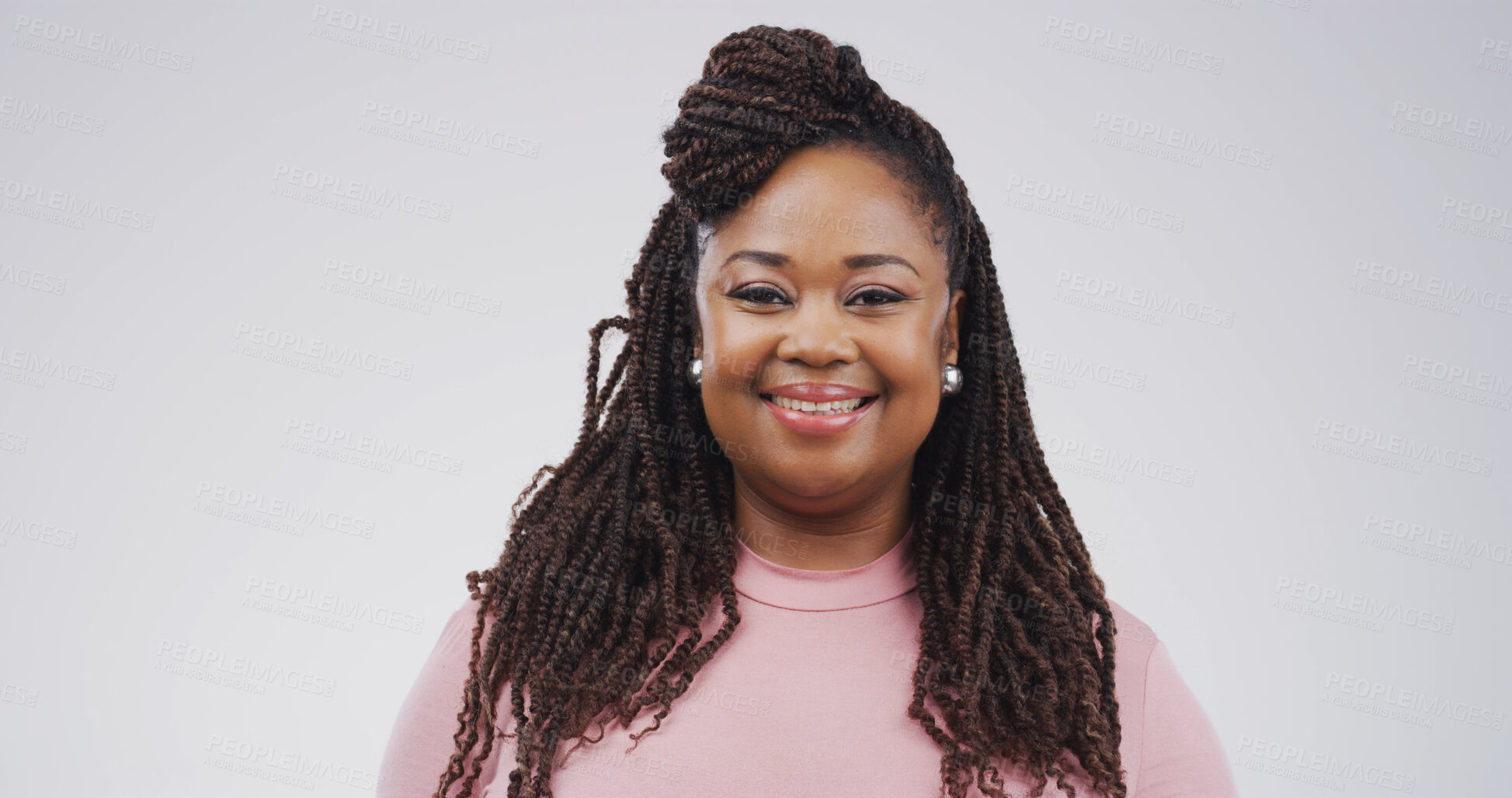 Buy stock photo Portrait, happy and creative businesswoman in studio as confident copywriter. Worker, dreadlocks and smile for pride with African person, content writer or about us on white background space in Kenya