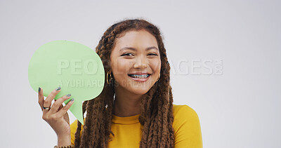 Buy stock photo Braces, portrait and speech bubble with woman in studio for communication, opinion or voice. Dialogue, mockup space and social media with African person isolated on white background for message