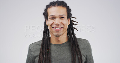 Buy stock photo Education, portrait and smile of student man in studio for college or university satisfaction. Development, future and growth with happy person isolated on white background for knowledge or study