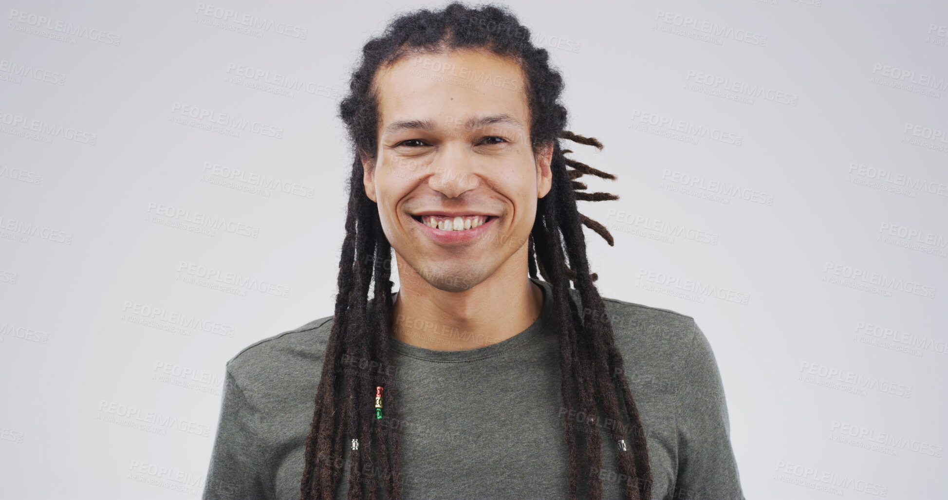 Buy stock photo Education, portrait and smile of student man in studio for college or university satisfaction. Development, future and growth with happy person isolated on white background for knowledge or study