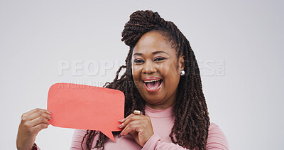 Buy stock photo Portrait, speech bubble and black woman in studio, feedback and announcement on white background. African person, billboard or model with communication, information sign or voice review with about us