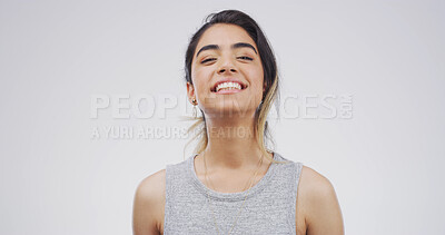 Buy stock photo Comedy, funny and portrait with student woman on studio space for education, humor or satisfaction. Comic, joke and laughing with happy person isolated on white background for college scholarship