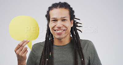 Buy stock photo Portrait, happy man and speech bubble in studio for voice, sign or forum with mockup space. African person, smile or dialogue balloon for opinion, quote or news for social media on white background