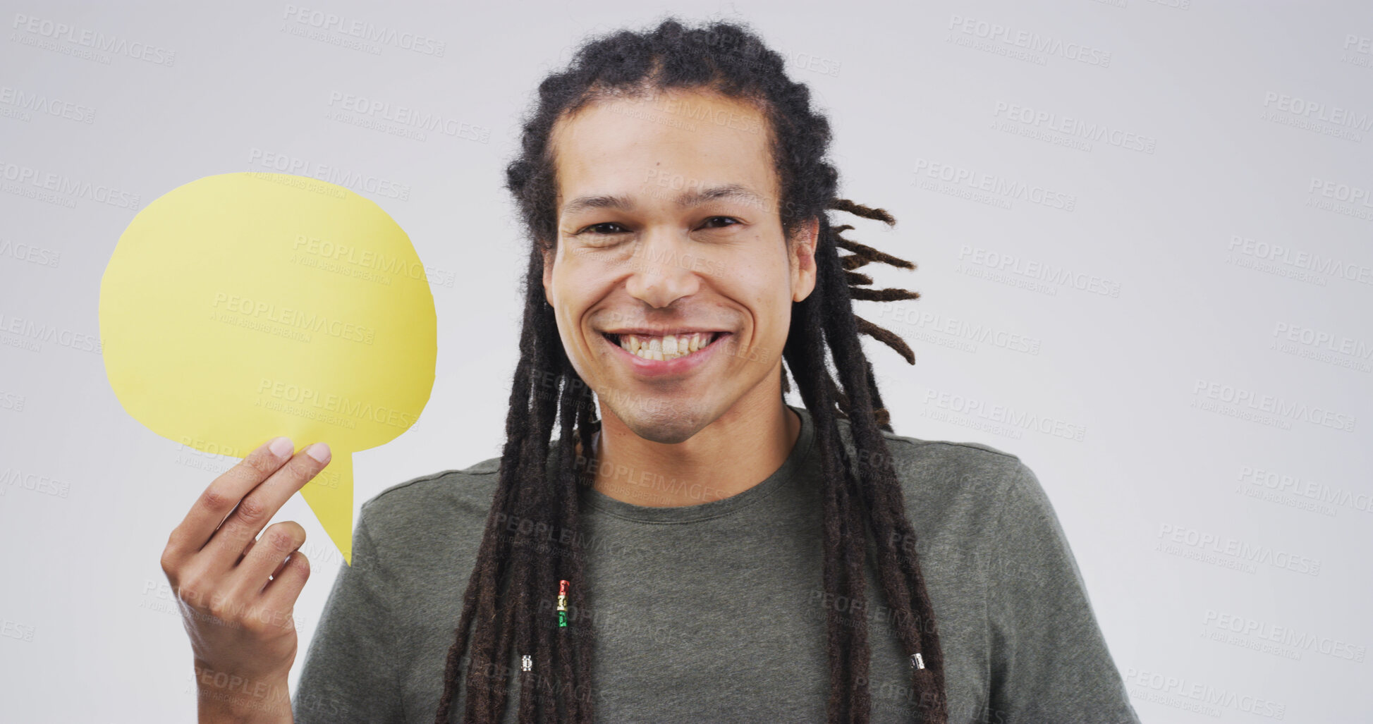 Buy stock photo Portrait, happy man and speech bubble in studio for voice, sign or forum with mockup space. African person, smile or dialogue balloon for opinion, quote or news for social media on white background