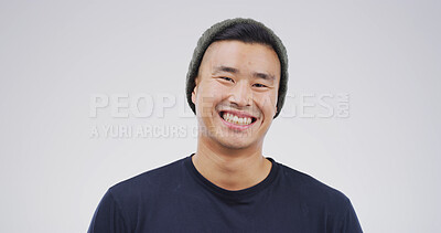 Buy stock photo Happy, confident and portrait of man in studio with positive attitude for university scholarship. Smile, pride and face of Asian male student with education opportunity at college by white background