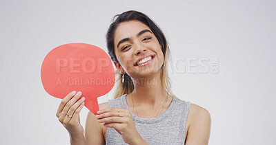 Buy stock photo Portrait, happy woman and speech bubble in studio for social media, faq or forum. Smile, person or dialogue balloon for opinion, quote or voice for communication on white background with mockup space
