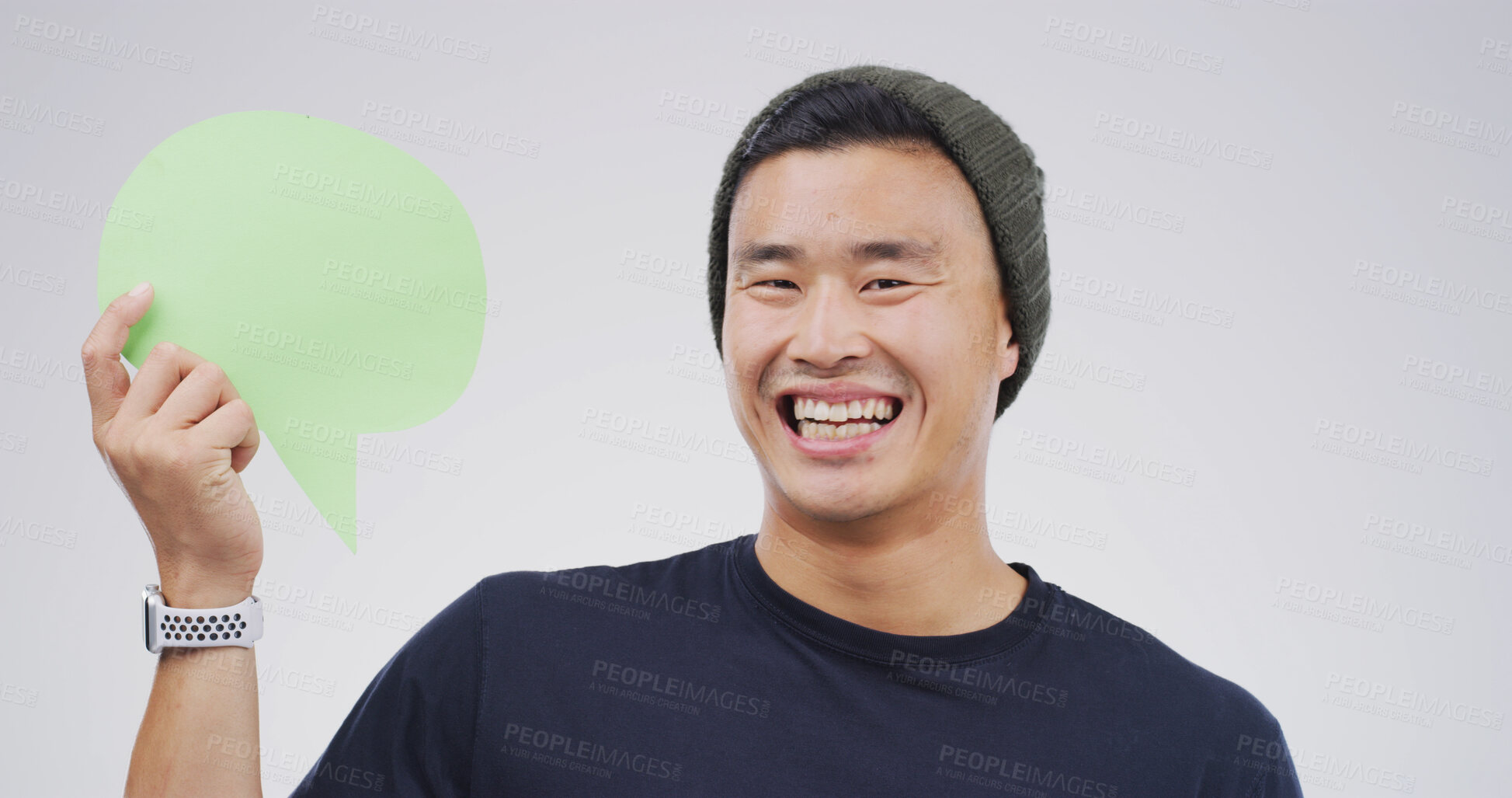 Buy stock photo Portrait, happy Asian man and speech bubble in studio for voice, faq or funny joke with mockup space. Person, smile or dialogue balloon for opinion, humor or news for social media on white background