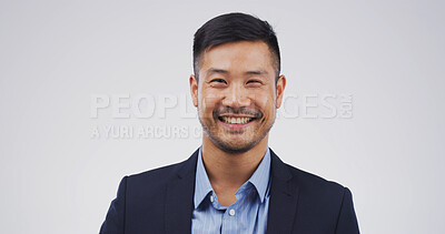 Buy stock photo Studio, happy or portrait of Asian man in business with confidence, mockup space or ambition. Professional banker, economist or proud accountant on white background for about us or career opportunity